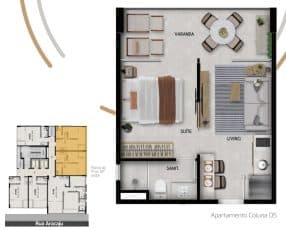 Planta baixa do Quarto e Sala Space Ease do Omni Barra - Layout do apartamento com 30m² de área privativa.