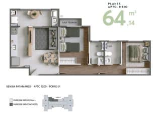 Visualize a Planta Baixa do Apartamento 1203 na Torre 01 do Sensia Patamares.