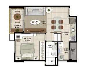 Planta baixa do apartamento tipo 04 no PLENO Itaigara, 45,96m², mostrando layout com porcelanato, cozinha americana, varanda e área de serviço.