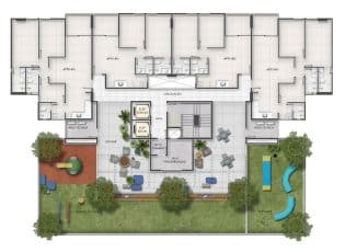 Planta baixa detalhada do 5º andar do HORIZON Jaguaribe, mostrando a disposição dos apartamentos de 2 e 3 quartos com suas respectivas áreas e amenidades.
