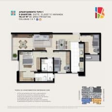 Explore a planta baixa do Apartamento Tipo 1 - 3 quartos e descubra seu novo lar no Residencial Barcelona.