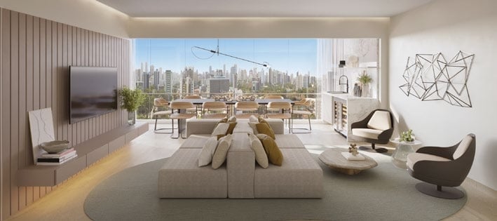 Perspectiva do living com varanda gourmet no DOM Horto Florestal - Imóveis de luxo em Salvador, Bahia.