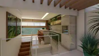 Espaço gourmet contemporâneo em um apartamento duplex com 3 quartos no Jaguaribe OCEAN SIDE, apresentando uma cozinha moderna com armários em tons de verde, bancada de mármore, e elementos de madeira, iluminados por luz natural.