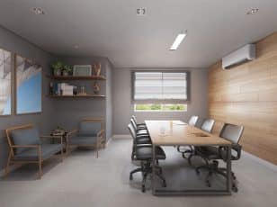Espaço de trabalho moderno e minimalista, com uma mesa de reunião de madeira, cadeiras confortáveis, decoração elegante e iluminação natural.