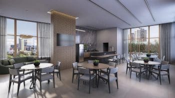 Espaço gourmet elegante com área de jantar e cozinha moderna, integrado ao salão de festas com vista panorâmica da cidade no Rise Caminho das Árvores.