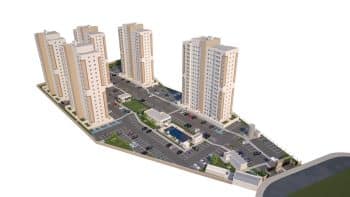 Maquete aérea do Portal de Piatã, mostrando vários prédios residenciais altos, estacionamento amplo e áreas de lazer.