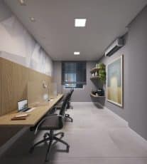Espaço de coworking moderno e elegante com uma longa mesa de trabalho, cadeiras ergonômicas e decoração minimalista.
