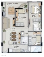 Planta baixa de um apartamento de 79m² no Jaguaribe OCEAN SIDE, mostrando uma varanda gourmet espaçosa, três quartos, sendo um deles suíte, um living amplo, e uma cozinha funcional.