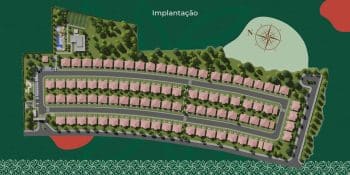 Planta de implantação do DUO Residencial das Árvores mostrando a distribuição de casas geminadas, vias de acesso, áreas de lazer e espaços verdes.