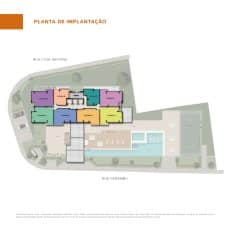 Planta baixa colorida mostrando a distribuição dos apartamentos e áreas comuns no Residencial Monte Carlo.