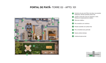 Planta baixa detalhada do apartamento 101 da Torre 02 do Portal de Piatã, com legenda explicativa.