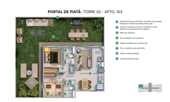 Planta baixa detalhada do apartamento 103 da Torre 02 no Portal de Piatã com área privativa externa.