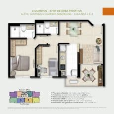 Planta baixa de um apartamento de 57m² do Residencial Monte Carlo com dois quartos, suíte, varanda e cozinha americana.