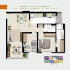 Planta baixa detalhada de um apartamento de 61m² com dois quartos, incluindo uma suíte com espaço para closet.