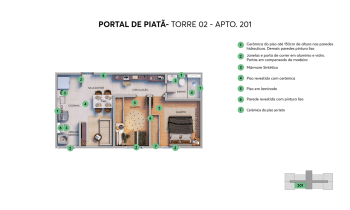 Planta baixa do apartamento 201 da Torre 02 no Portal de Piatã, com indicações de acabamento.