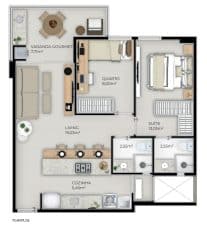 Planta baixa de um apartamento de 63m² no Jaguaribe OCEAN SIDE, com dois quartos, sendo um suíte, uma varanda gourmet, living espaçoso e cozinha prática.