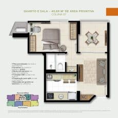 Planta de um apartamento de 40,69m² com áreas designadas para quarto, sala e cozinha, planejado para funcionalidade e conforto.