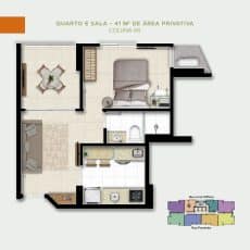 Planta baixa de um apartamento compacto e bem distribuído de 41m², com áreas designadas para quarto, sala e cozinha.