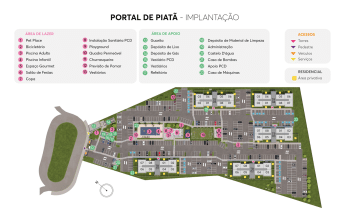 Mapa de implantação detalhado do Portal De Piatã com áreas de lazer, apoio e residenciais marcadas.