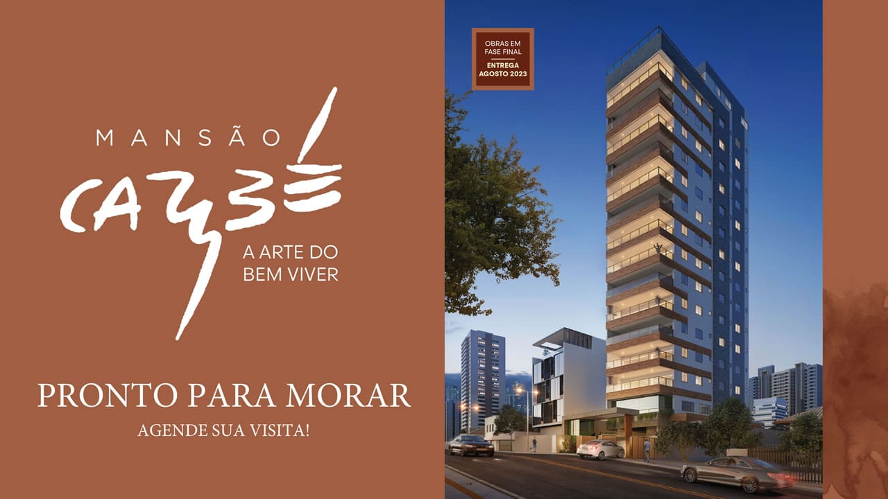 Imagem dividida com o logotipo da Mansão Carybé à esquerda e o edifício residencial à noite à direita, com o texto 'PRONTO PARA MORAR - AGENDE SUA VISITA!