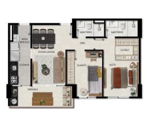 Layout funcional de um apartamento de 65,23 m² com dois quartos, incluindo uma suíte com closet, disponível nos pisos 1 a 24 no Rise Caminho das Árvores.