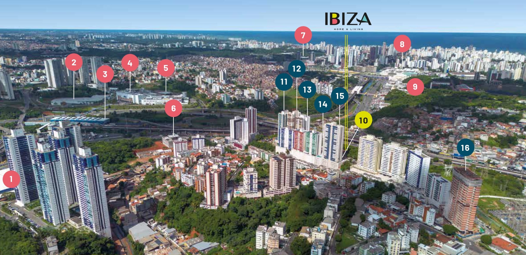 Imagem aérea destacando a localização do IBIZA HOME & LIVING em Brotas, Salvador, próximo a diversos pontos de interesse como supermercados, shoppings, escolas e outros empreendimentos residenciais.