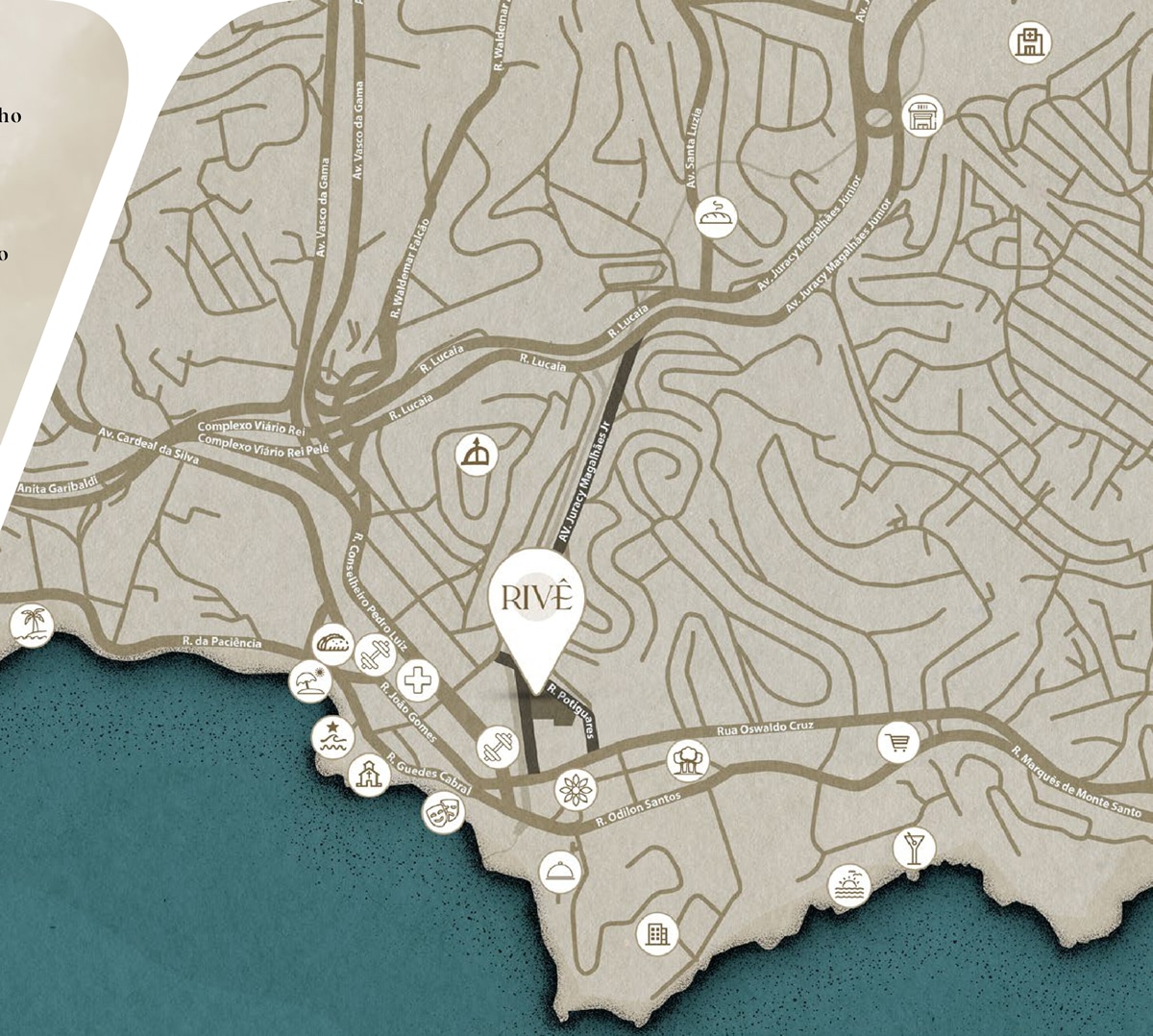 Mapa estilizado mostrando os pontos de interesse ao redor do empreendimento Rivê, incluindo praias, restaurantes, e áreas culturais.