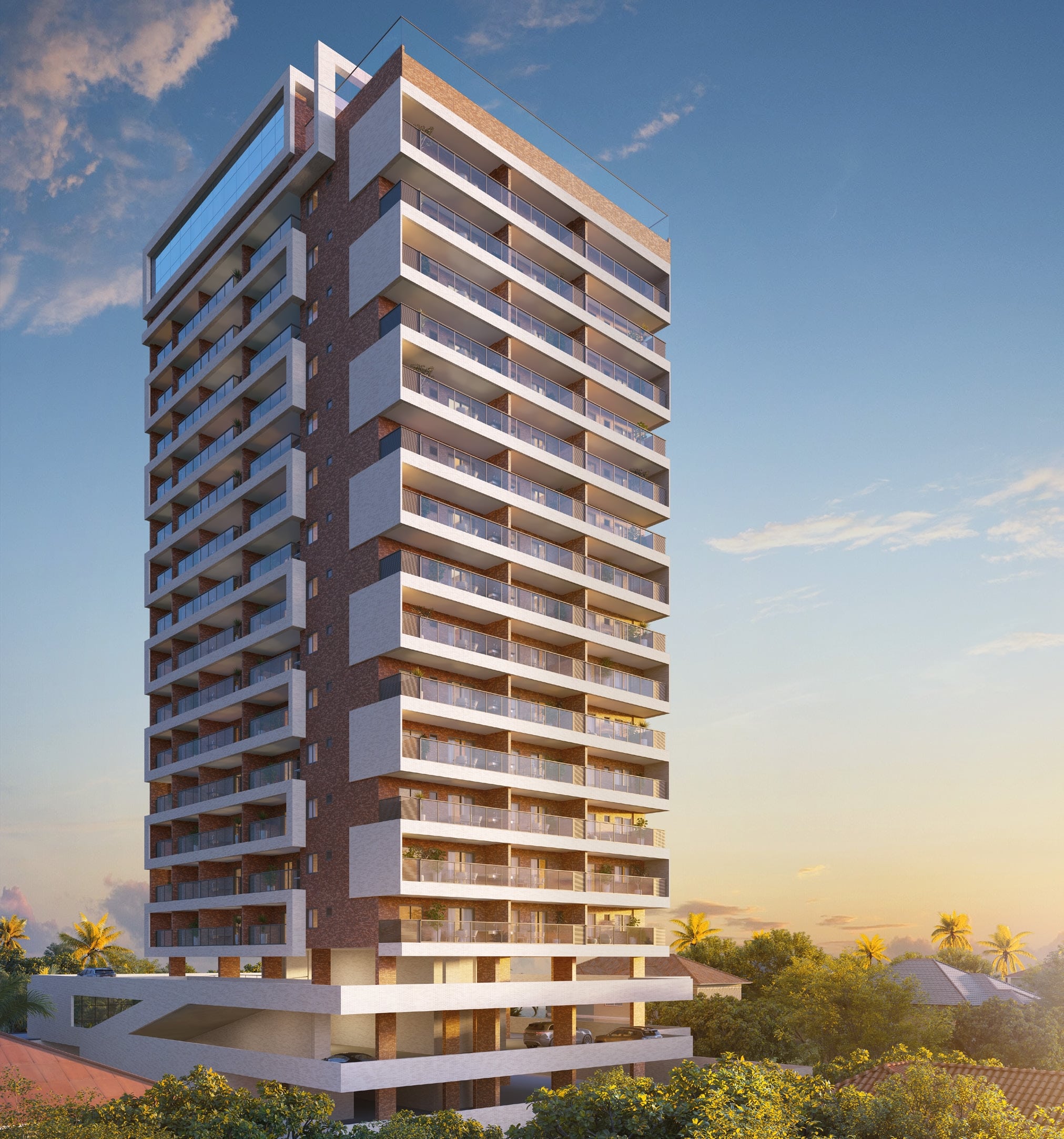 Imagem digital da fachada de um edifício de apartamentos populares de vários andares, Ilha de Lanai Pedra do Sal, com varandas espaçosas e design moderno, sob um céu claro.