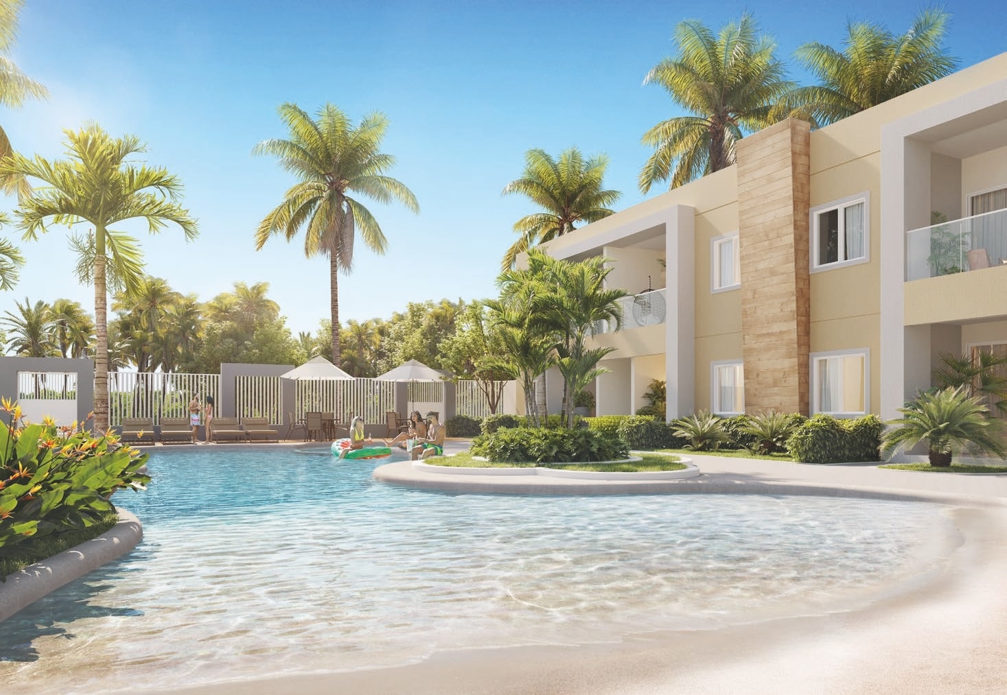 Ilustração de uma piscina de "areia" com prainha e SPA no Guarajuba Palm Beach, destacando pessoas relaxando em boias e ao redor da piscina em um ambiente tropical.