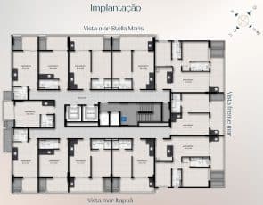 Imagem da planta baixa do empreendimento Ilha de Lanai Pedra do Sal, mostrando a distribuição dos apartamentos com vistas variadas, incluindo mar Stella Maris e Itapuã.