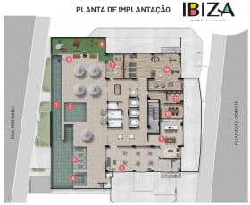 Imagem da planta de implantação do empreendimento IBIZA HOME & LIVING em Brotas, Salvador, mostrando áreas comuns como piscina com raia, piscina infantil, deck molhado, solarium, parque infantil, brinquedoteca, lounge festas, lounge gourmet, sala de trabalho, espaço coworking e lounge fitness.