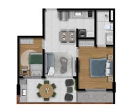 Planta baixa de um apartamento de 2 quartos no BOSSA Farol de Itapoan, mostrando uma sala de estar, cozinha, dois banheiros, dois quartos e uma varanda.