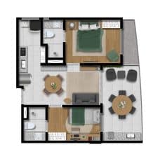 Planta baixa detalhada de um apartamento de 55,5 m² no BOSSA Farol de Itapoan com duas suítes, sala de estar, cozinha e varanda.
