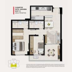 Imagem da planta baixa dos apartamentos 6 e 7 do empreendimento IBIZA HOME & LIVING, mostrando a disposição dos cômodos em um apartamento de 2 quartos com suíte e varanda, totalizando 58 m² de área privativa.