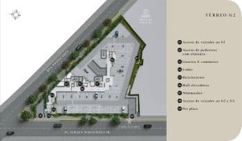 Mapa do térreo do Edifício Rivê mostrando os principais acessos e serviços disponíveis, incluindo entrada para veículos, lobby e áreas de lazer.