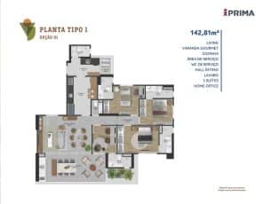 Planta baixa do Apartamento Tipo 1 - Opção 1 com 3 suítes e home office, totalizando 142,81m².