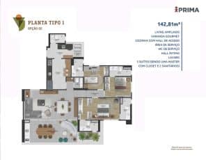 Planta baixa do Apartamento Tipo 1 - Opção 2 com 3 suítes, sendo uma Master, totalizando 142,81m².