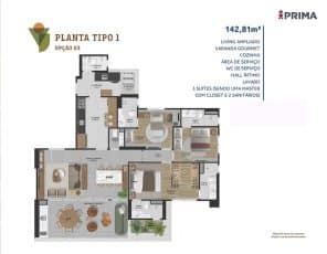 Planta baixa do Apartamento Tipo 1 - Opção 3 com 3 suítes, sendo uma Master e sem hall de acesso na cozinha, totalizando 142,81m².