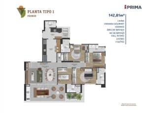 Planta baixa do Apartamento Tipo 1 - Padrão com 4 suítes e 142,81m².