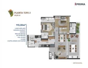 Planta baixa do Apartamento Tipo 2 - Opção 1 com 2 suítes ampliadas, sendo uma Master, totalizando 113,30m².