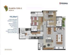 Planta baixa do Apartamento Tipo 2 - Opção 2 com 2 suítes ampliadas, totalizando 113,30m².