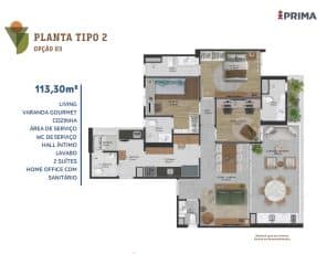 Planta baixa do Apartamento Tipo 2 - Opção 3 com 2 suítes e home office, totalizando 113,30m².