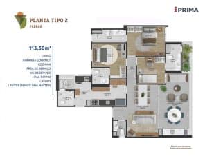 Planta baixa do Apartamento Tipo 2 - Padrão com 3 suítes, sendo uma Master, totalizando 113,30m².