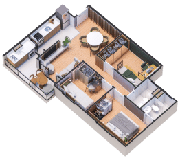 Imagem 3D da planta baixa do apartamento tipo no Jardim Patamares, em Salvador, com visualização de todos os cômodos, incluindo sala de estar, cozinha, quartos, banheiros e varanda.