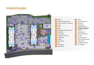 Imagem da planta baixa da implantação do Jardim Patamares, em Salvador, mostrando a disposição das torres, áreas de lazer, estacionamento e outras facilidades.