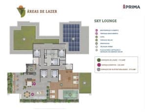 Planta baixa do Sky Lounge com áreas de lazer, eventos e sustentabilidade.