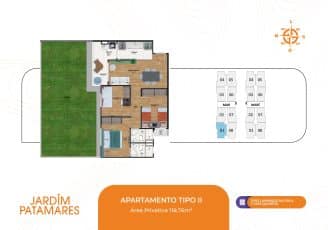 Imagem da planta baixa do apartamento Tipo II (Giardino) no Jardim Patamares, em Salvador, mostrando a disposição dos cômodos, incluindo varanda, sala de estar/jantar, cozinha, área de serviço, três quartos sendo um suíte, banheiro social, laje técnica e área externa com giardino.