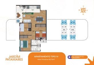 Imagem da planta baixa do apartamento Tipo IV no Jardim Patamares, em Salvador, mostrando a disposição dos cômodos, incluindo varanda, sala de estar/jantar, cozinha, área de serviço, circulação, três quartos sendo um suíte, banheiro social e laje técnica.