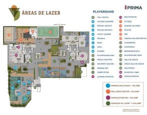 Planta baixa das áreas de lazer do Villaggio Jardins, mostrando a disposição de diversos espaços como piscinas, playgrounds, lounges e áreas de eventos.