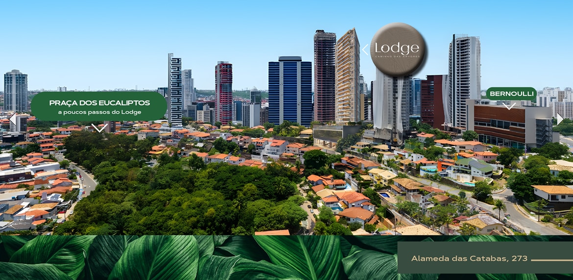 Imagem aérea da localização do Lodge Caminho das Árvores em um bairro arborizado, com destaque para a Praça dos Eucaliptos e o colégio Bernoulli. Ao fundo, é possível ver a skyline da cidade com diversos edifícios altos.